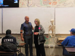 New Fire Technology/EMR teacher, Brian Leidner introduces his mother and Board member Laurel to his class